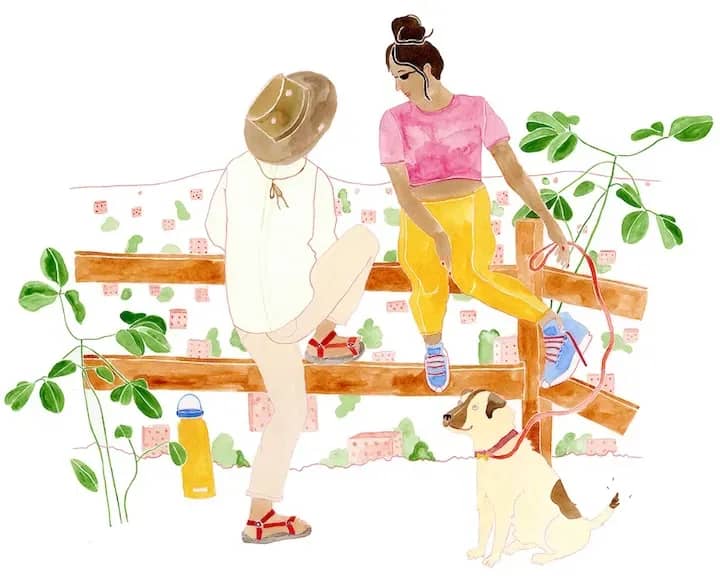Two people hiking.